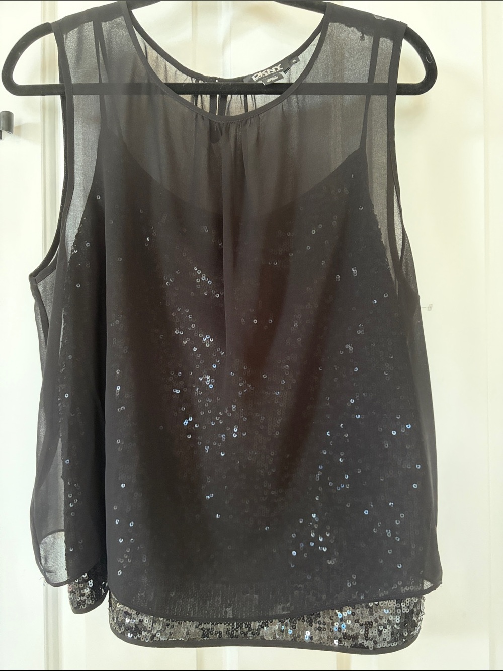 DKNY Black Sheer Sequin Layered Camisole Top